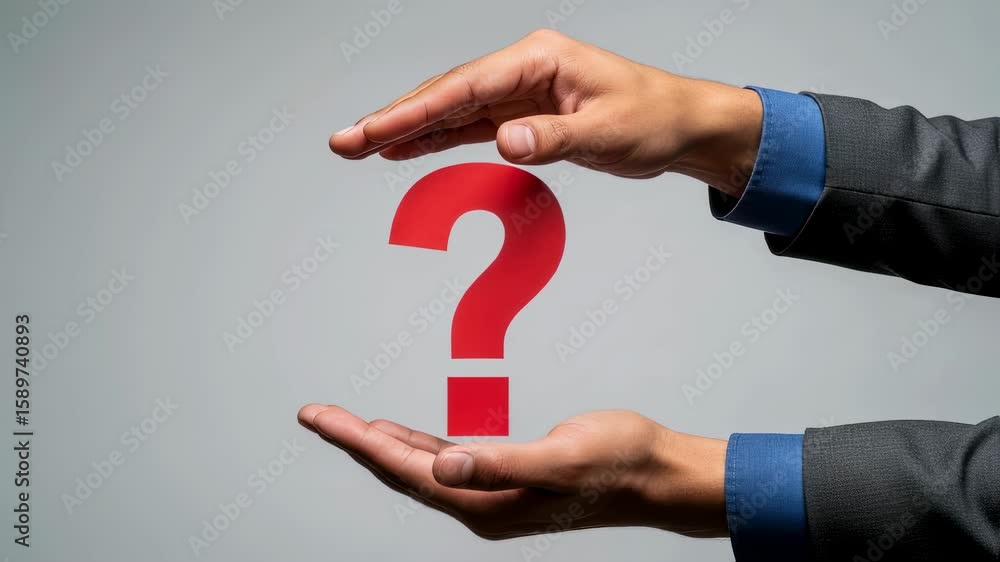 Poster man’s hands protect a red question mark, symbolizing problem solving and uncertainty. footage.