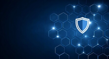 A blue background with hexagons and a shield icon, symbolizing digital security. Vector illustration design for a web banner or presentation on cyber protection technology. Blue color scheme,