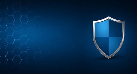 A blue background with hexagons and a shield icon, symbolizing digital security. Vector illustration design for a web banner or presentation on cyber protection technology. Blue color scheme,