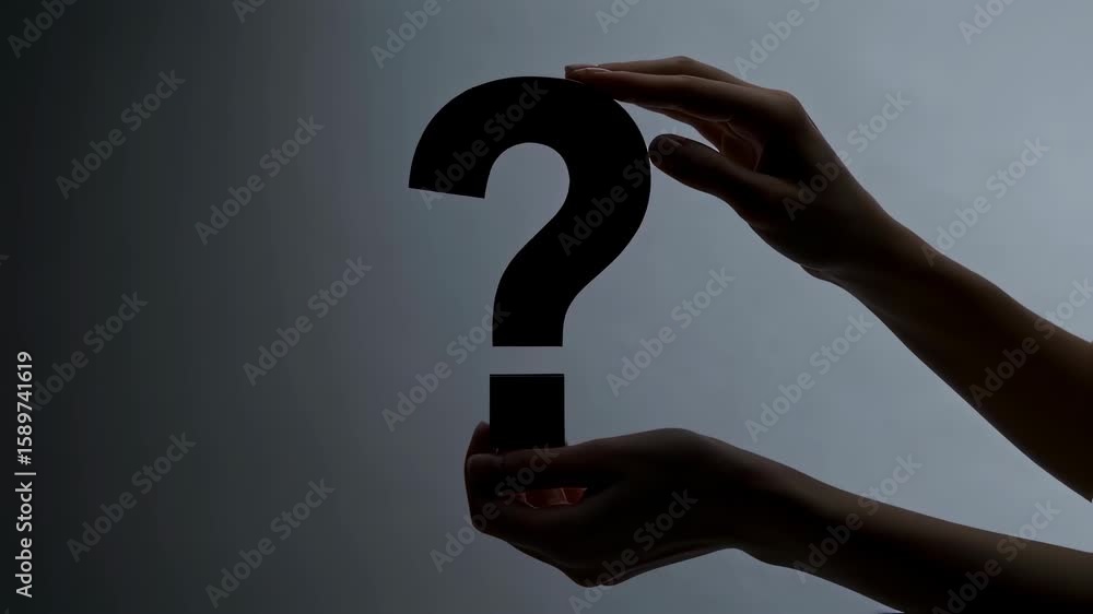 Poster woman holding and protecting a large question mark with hands against a gradient background showcasi