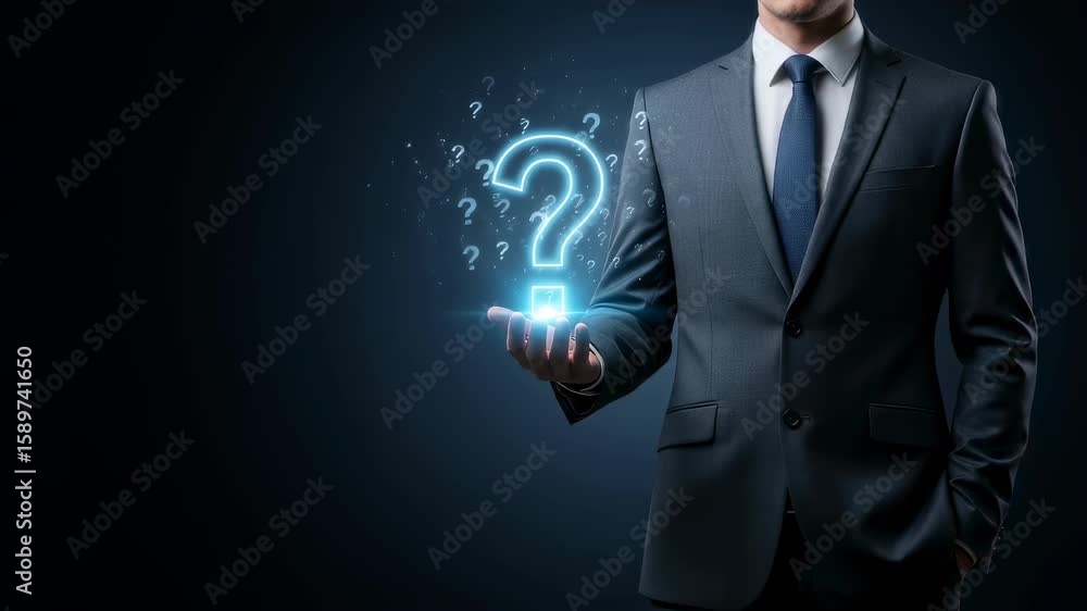 Poster man in suit holding a glowing question mark, concept of decision making and finding answers, digital