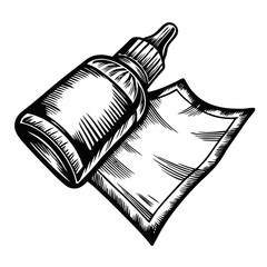 Glue bottle and paper shown in a hand-drawn engraving style. Glue bottle with small piece of paper showcases detailed linework and hatched shading, demonstrating graphic technique of engraving style.