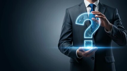 Caucasian man holding glowing digital question mark in hands. Concept of business solution and help. Footage. - Powered by Adobe