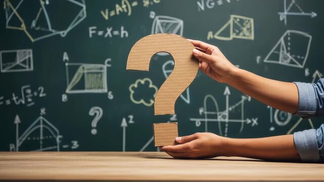 Woman holding a cardboard question mark in front of a chalkboard with mathematical formulas, representing learning and problem solving footage.