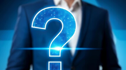 Man holding a glowing digital question mark in his hand, a concept of seeking answers. Technology footage. - Powered by Adobe