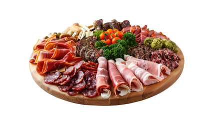Obraz premium Variety of meats, cheeses, and fresh fruits arranged on a large platter for a gathering