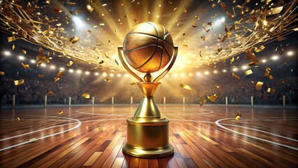 Golden basketball trophy gleams amidst falling confetti in a stadium