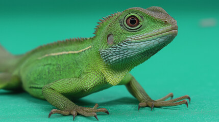 Green Lizard Close-up of a vibrant reptile with captivating details, set against a bright backdrop