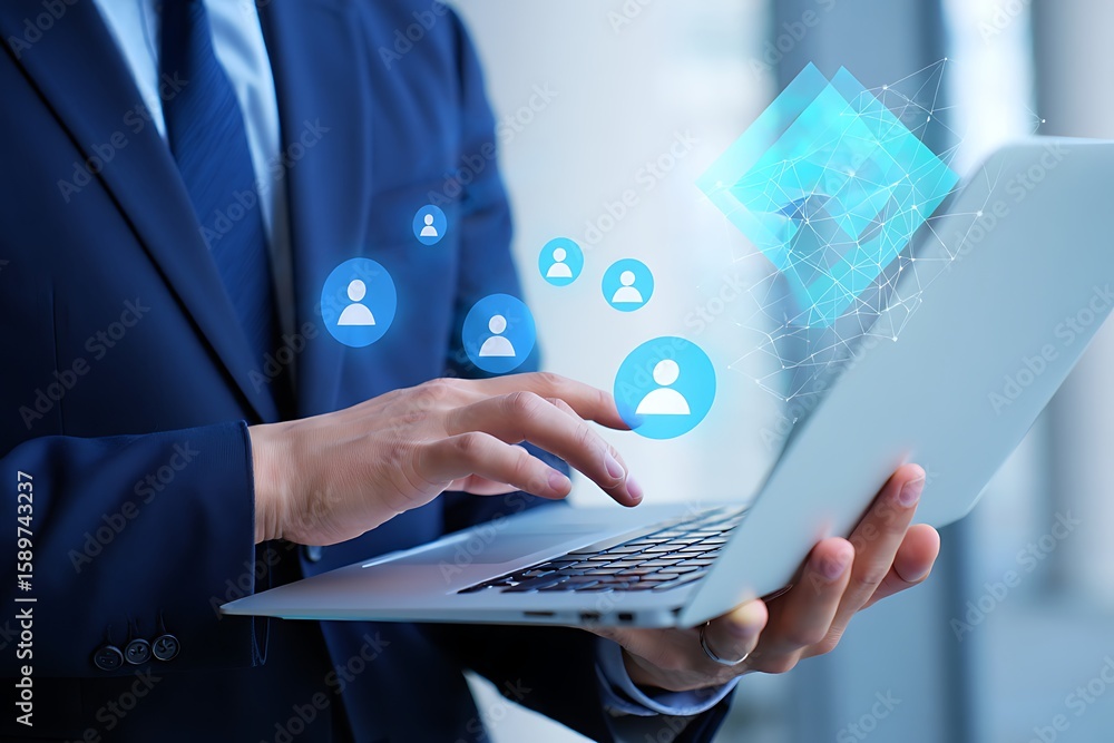 Poster businessman interacting with digital interface displaying people icons and network connections on a 