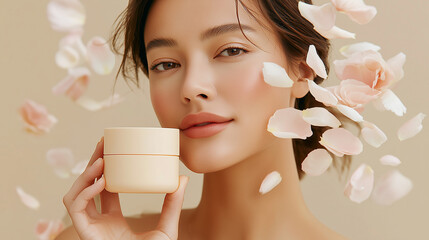 Smiling Asian, Korean Woman Holding Beige Cream Jar, Natural Skincare and Beauty Mockup, Floating Petals, Beige Background, Soft Wellness Ritual, Healthy Lifestyle and Organic Body Care.