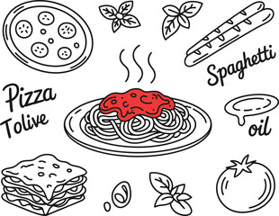 Hand drawn italian food icons featuring pizza spaghetti lasagna and ingredients