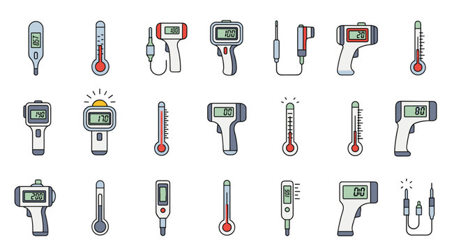 A diverse collection of digital and analog thermometers for precise temperature measurement