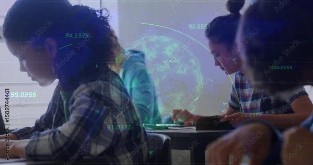 Aufkleber student writing in classroom while globe overlay initiating global connectivity linking desks