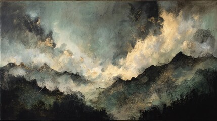 Misty mountain range, dramatic sky