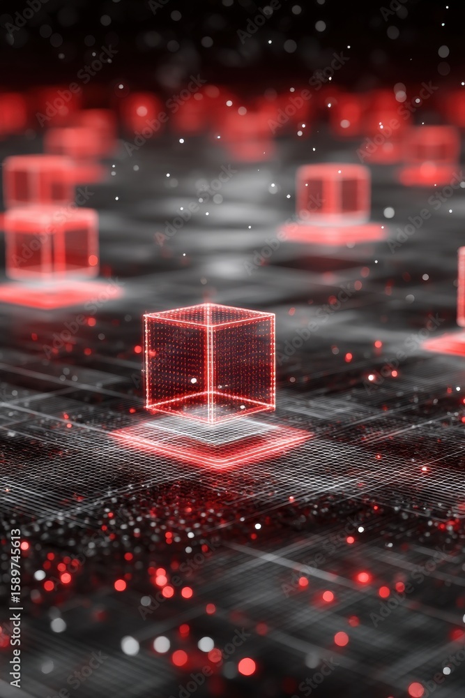 Aufkleber illuminated abstract data landscape with glowing red wireframe cubes