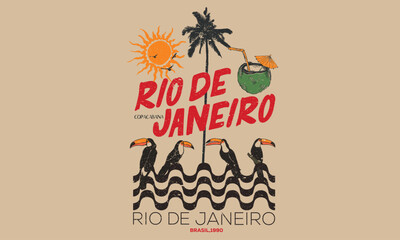 Naklejka na ściany i meble Toucan bird with coconut design. Palm tree artwork. Tropical paradise. Tropical vibes t shirt artwork. Amazing brasil. Copacabana beach art. Rio de janeiro. Summer vibes artwork. 