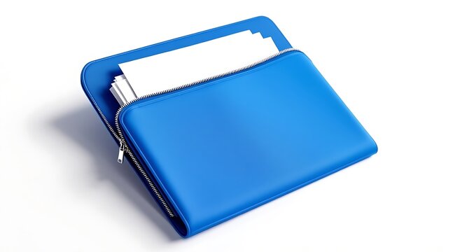 Bright blue zippered folder with white paper inserts file document