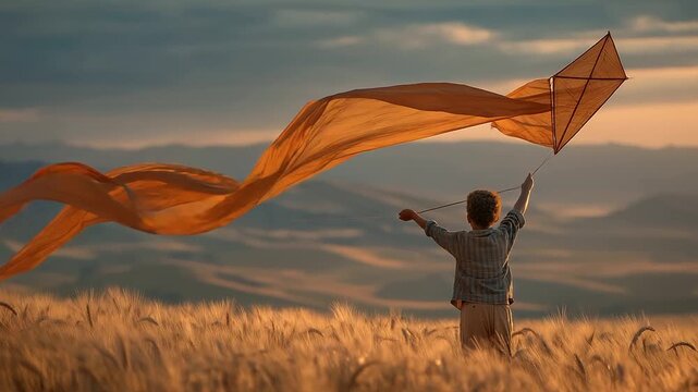 A boy flying a homemade kite at sunset over a harvested field