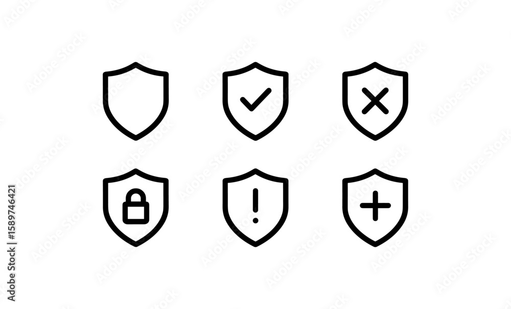 Poster set of minimal shield icons with security symbols in black outline style