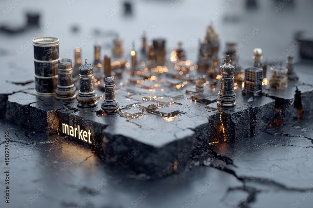 Poster abstract interpretation of marketplace dynamics using symbolic pieces and glowing highlights
