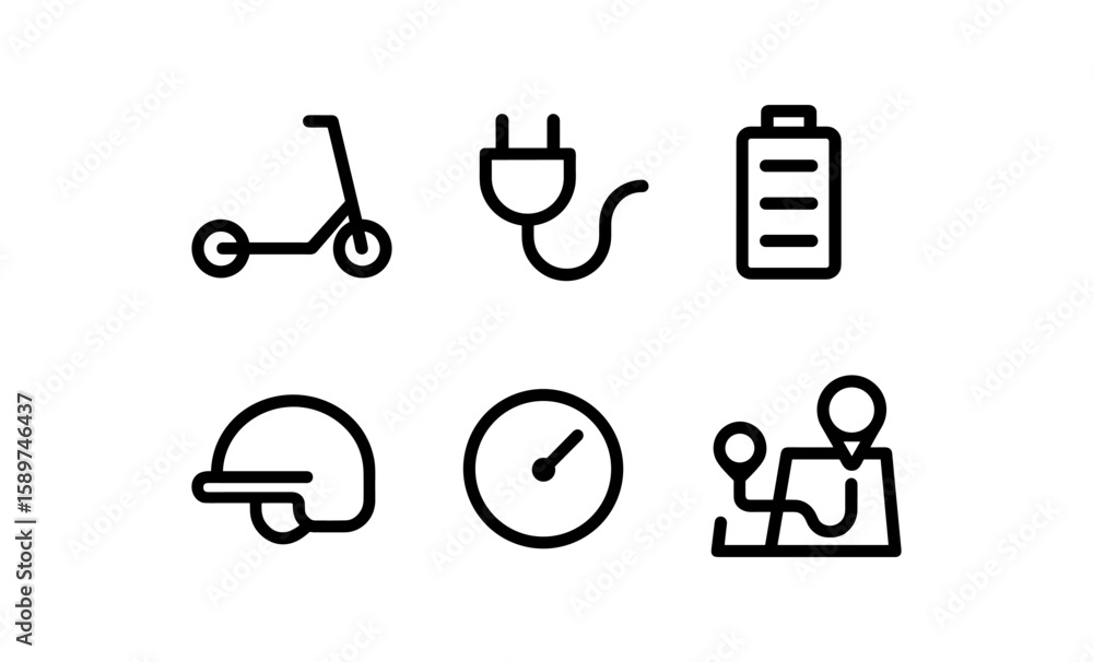 Poster electric scooter icon set with charging and navigation symbols in linear style