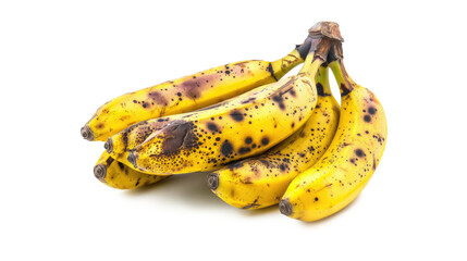 Clusters of ripe bananas showcasing yellow skins with dark spots on a white background, ideal for healthy snacking or baking needs