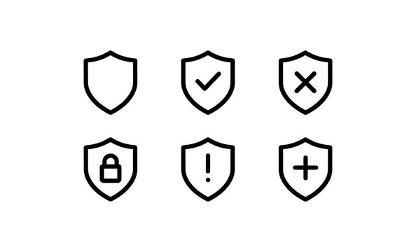 Set of minimal shield icons with security symbols in black outline style
