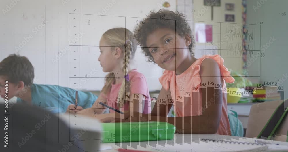 Aufkleber students writing in class, grid turning into rising bar chart dissolving as student pausing looking