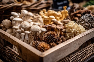 Assortment of fresh mushrooms in a wooden crate