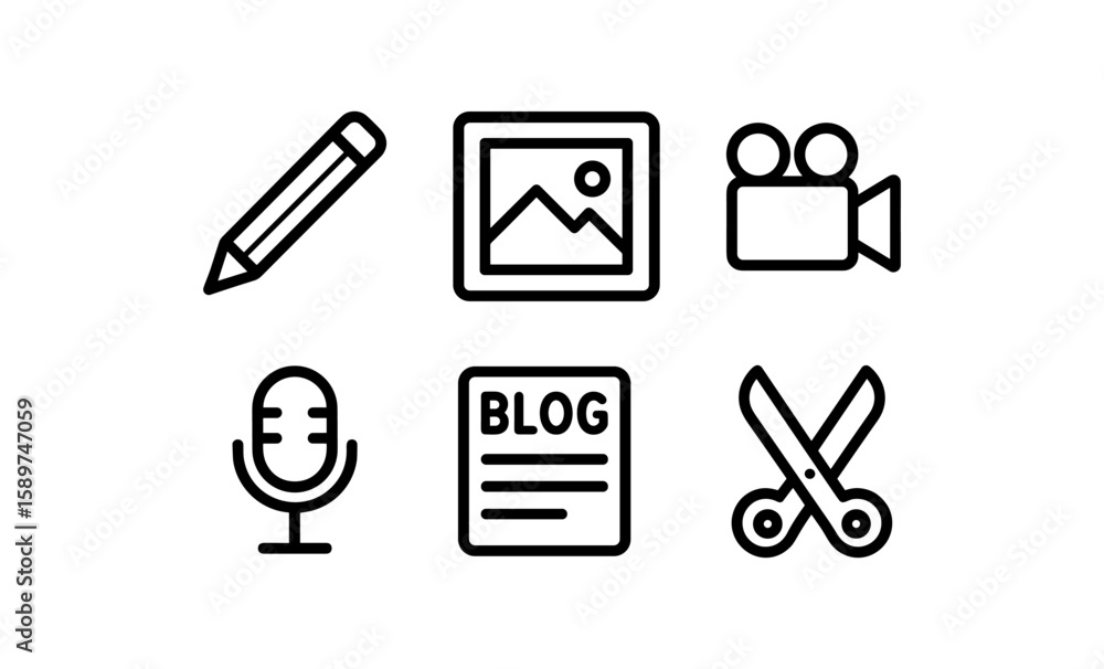 Poster set of linear icons for content creation tools and media editing