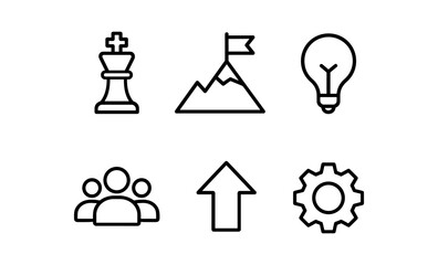 Minimal line icons: strategy, goals, innovation, teamwork, growth, settings