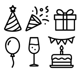 Modern Flat Celebration Icon Set,  Party Hat, Gift Box, Balloon, Cake, Champagne, Confetti in Minimal Black Line Style
