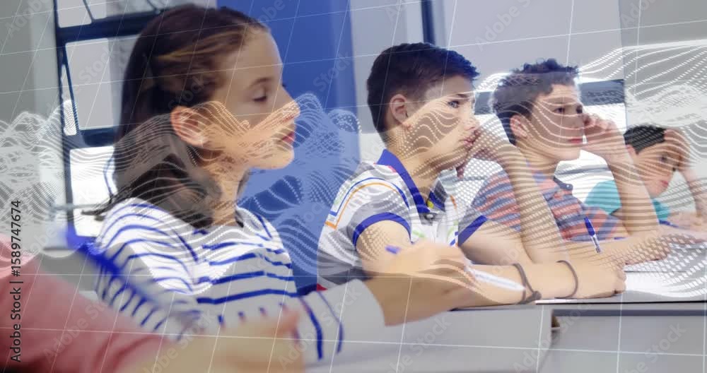 Aufkleber students sitting at classroom desks writing notes, while digital wave sweeping in showing data flow