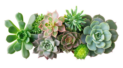 Beautiful collection of succulent plants arranged on a white background showcasing various shapes and colors