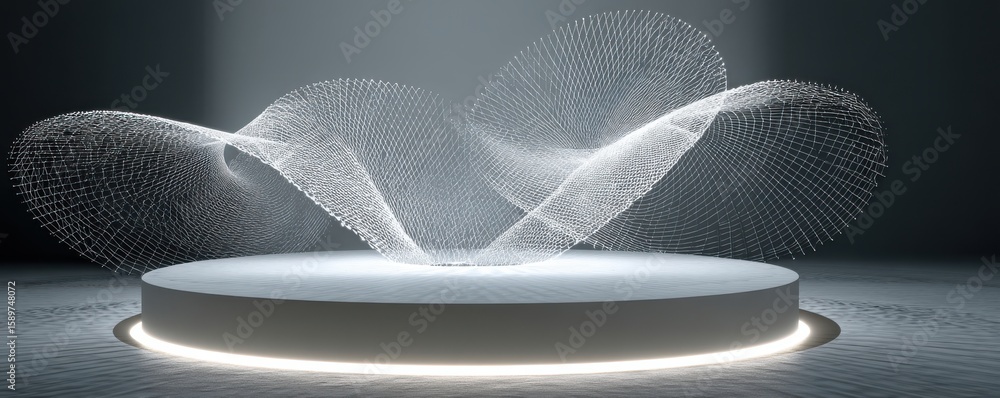 Poster abstract luminous installation of curved geometrical structure on circular platform