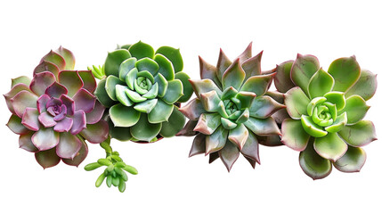 Beautiful collection of succulent plants arranged on a white background showcasing various shapes and colors
