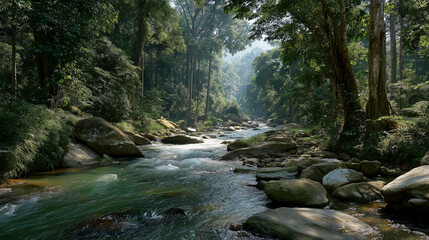 A tranquil river winds its way through a dense, sun-dappled tropical rainforest, flowing over smooth stones and boulders in a pristine wilderness