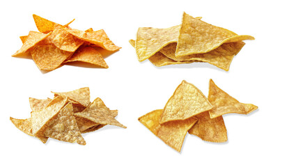 Variety of crispy tortilla chips in different shapes and colors displayed on a white background for snacking ideas