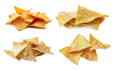 Variety of crispy tortilla chips in different shapes and colors displayed on a white background for snacking ideas
