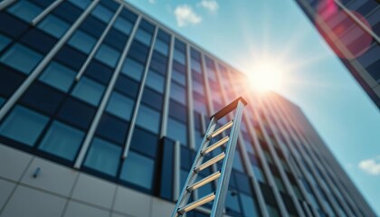 Naklejka premium Close-up of small ladder leaning against large corporate building, sunlit, reaching, challenge