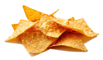 Crispy and golden tortilla chips piled on a white background perfect for sharing at gatherings or enjoying as a snack