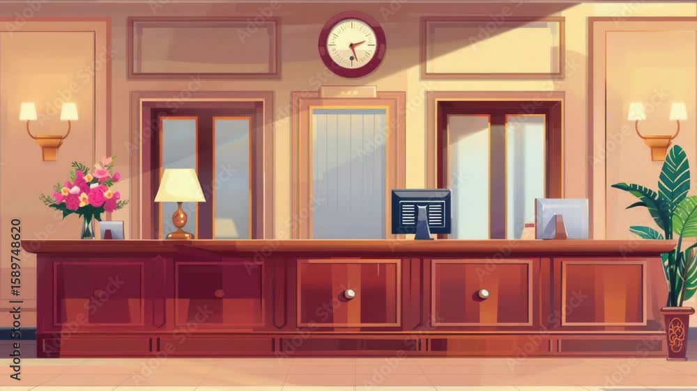Poster a modern reception area with a desk and a clock, suitable for offices or public spaces