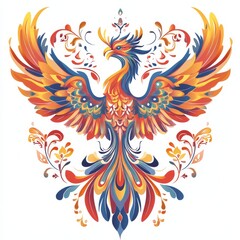 A vibrant, colorful stylized phoenix with elaborate feathers and floral elements radiating energy and rebirth.