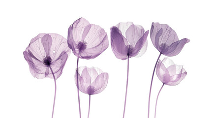 Delicate transparent flowers on a white background showcasing soft lavender hues and intricate petal details