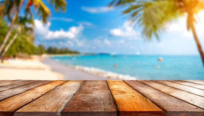 Desk of free space for your decoration and summer landscape of ocean with beach.