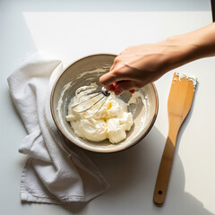 Overhead candid capture of female hand whipping mascarpone cream in a rustic bowl, kitchen towel and spatula beside. Warm daylight copy