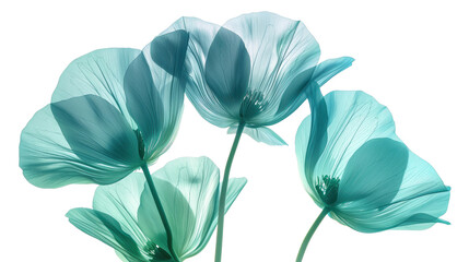 Soft translucent flowers create a serene atmosphere with delicate shades of teal and light green against a bright background
