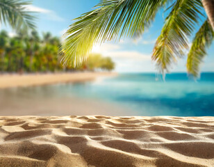 Tropical beach with palm leaves, golden sand, and clear blue water, ideal for vacation and travel themes.