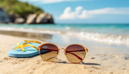 Sunglasses and sunhat on a sandy beach with tropical sea background.