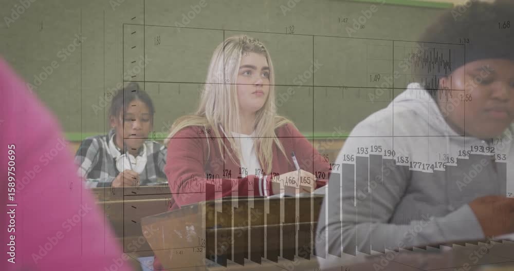 Poster female student writing test triggers grid and data bars showing progress during exam in classroom